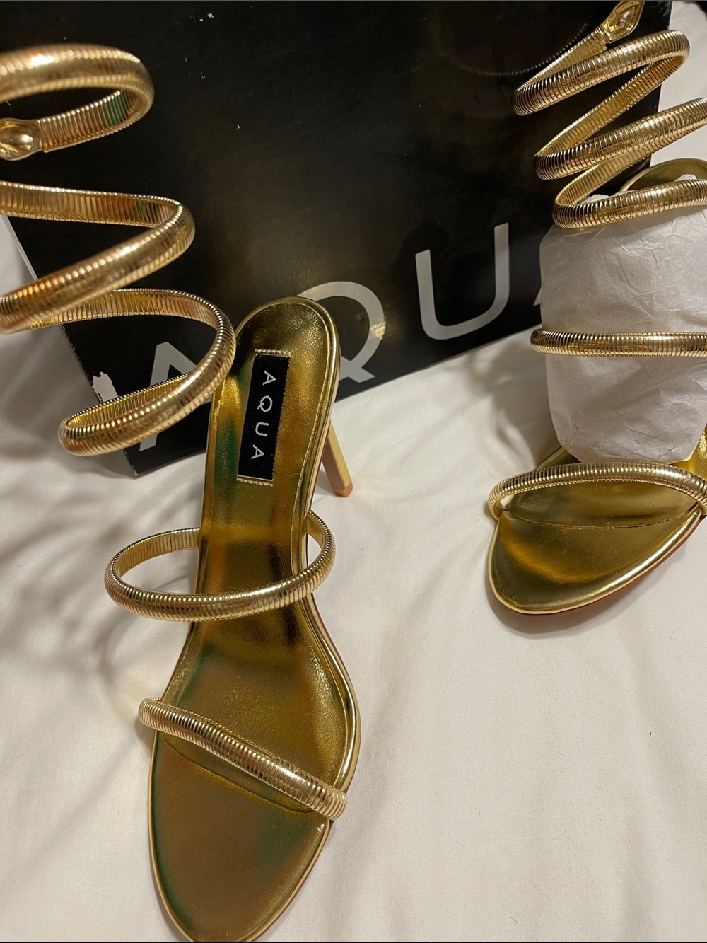 Aqua Metallic Gold Spiral Wrap Stiletto Sandals